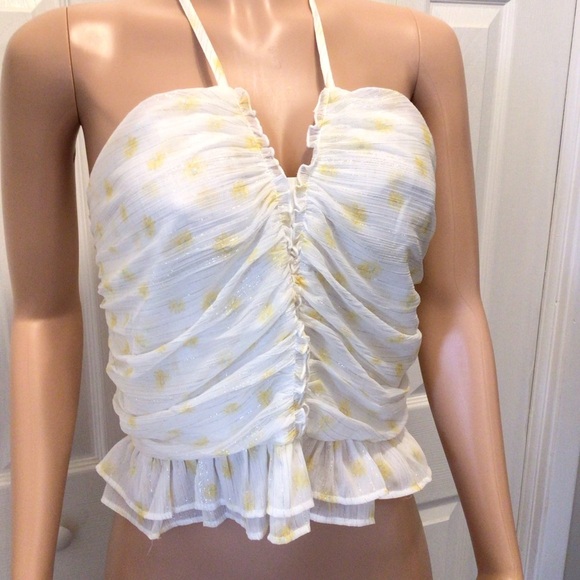 Forever 21 Plus Yellow Polka Dot Print Metallic Ruffled Halter Top Size 0X - Picture 2 of 14